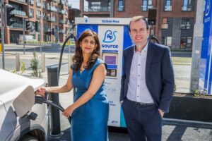 Source EV charging hub opening. Deepa Chandrasekaran (left), Managing Director at Source, and Stuart Jackson, EV Policy Team Leader at Transport Scotland.